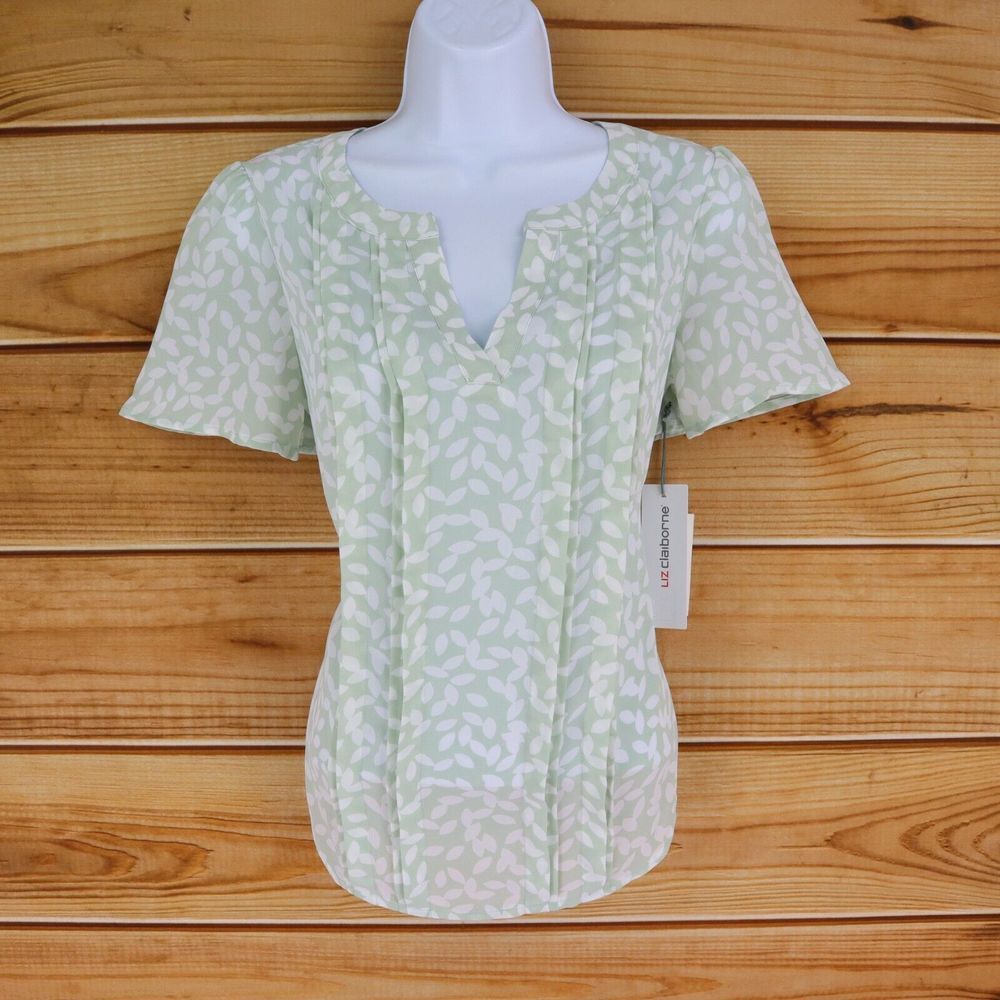 Liz Claiborne Sheer Blouse Shirt Womens Sz PS Sea Green Leaves Short Sleeves NWT